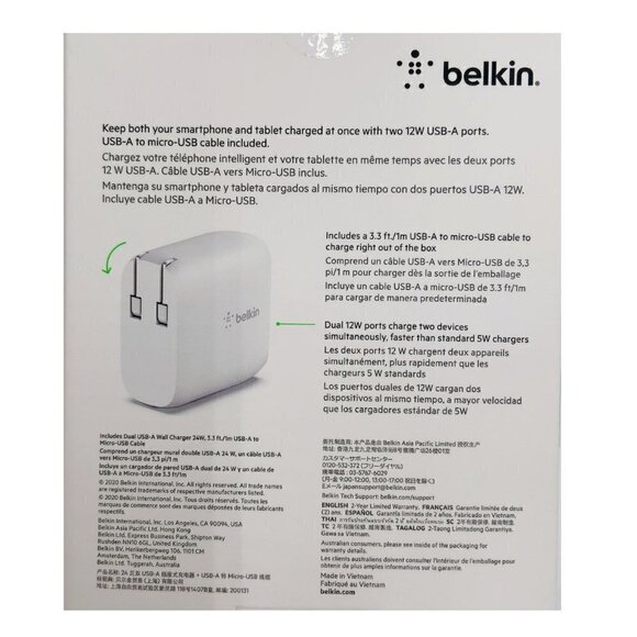 Belkin Boost Charge Dual USB-A Wall Charger 24W + USB-A to Micro-USB Cable - Picture 5 of 8